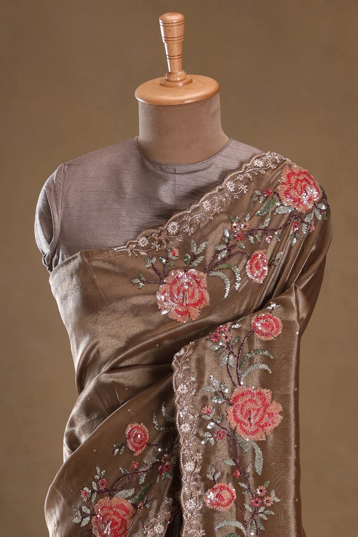 Brown Sequins Embroidered Tissue Saree – Elegant Floral Designer Saree for Party & Wedding Wear