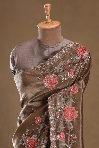 Brown Sequins Embroidered Tissue Saree – Elegant Floral Designer Saree for Party & Wedding Wear