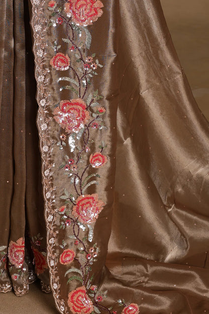 Brown Sequins Embroidered Tissue Saree – Elegant Floral Designer Saree for Party & Wedding Wear