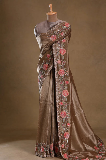 Brown Sequins Embroidered Tissue Saree – Elegant Floral Designer Saree for Party & Wedding Wear