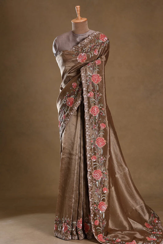 Brown Sequins Embroidered Tissue Saree – Elegant Floral Designer Saree for Party & Wedding Wear