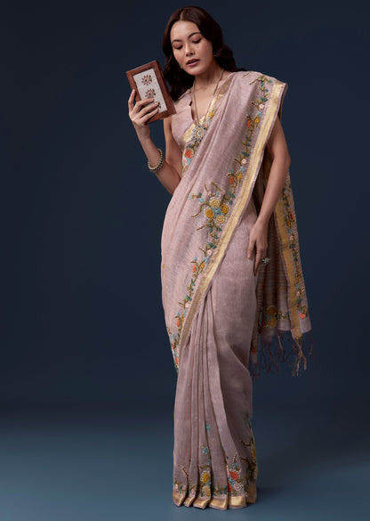 Lavender Linen Saree with Resham Floral Embroidery & Gold Border – Elegant Handcrafted Saree by PAUTRI