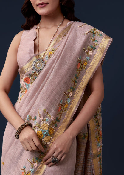 Lavender Linen Saree with Resham Floral Embroidery & Gold Border – Elegant Handcrafted Saree by PAUTRI