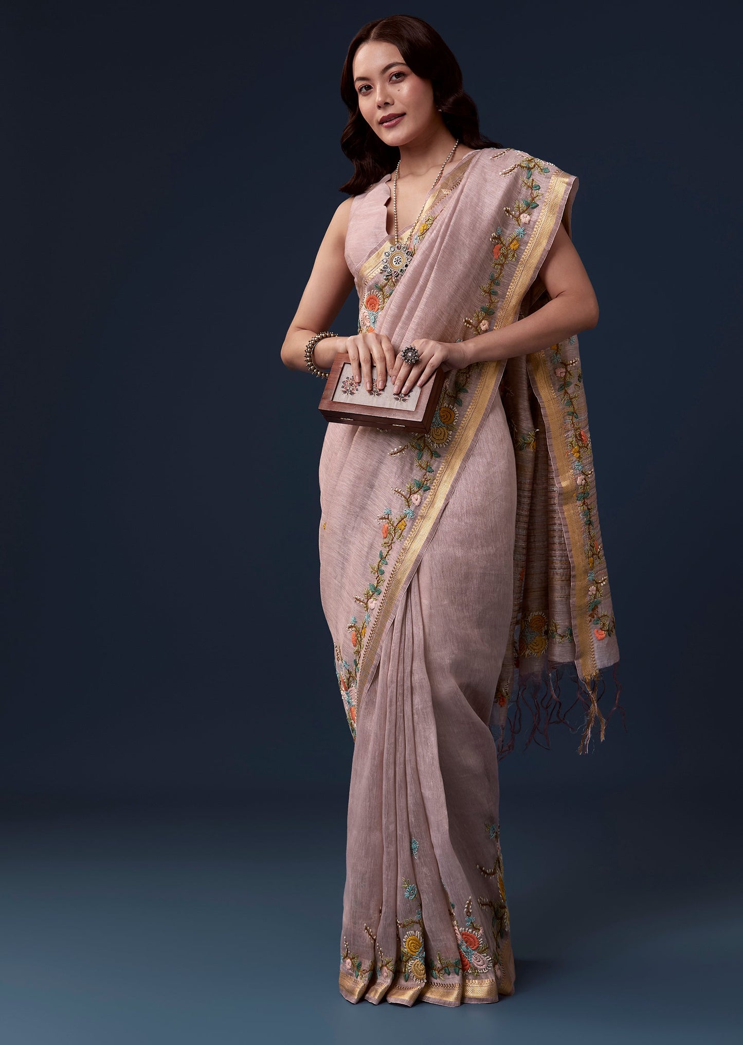 Lavender Linen Saree with Resham Floral Embroidery & Gold Border – Elegant Handcrafted Saree by PAUTRI