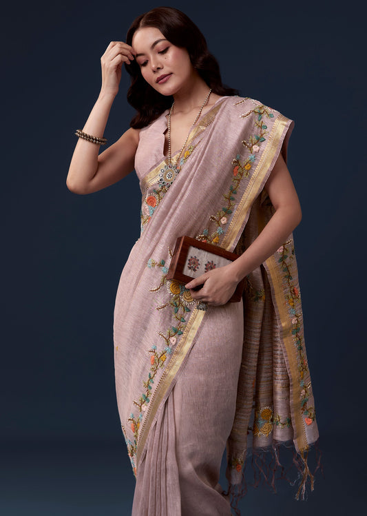 Lavender Linen Saree with Resham Floral Embroidery & Gold Border – Elegant Handcrafted Saree by PAUTRI