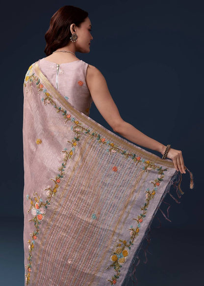 Lavender Linen Saree with Resham Floral Embroidery & Gold Border – Elegant Handcrafted Saree by PAUTRI