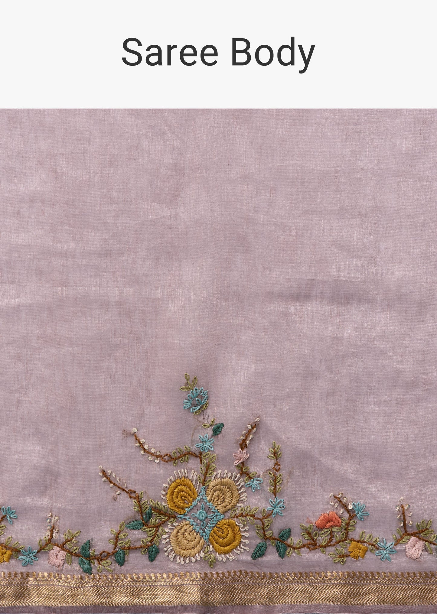 Lavender Linen Saree with Resham Floral Embroidery & Gold Border – Elegant Handcrafted Saree by PAUTRI
