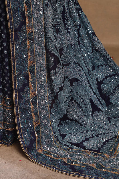 Navy Blue Sequins Embroidered Crepe Designer Saree with Stitched Blouse