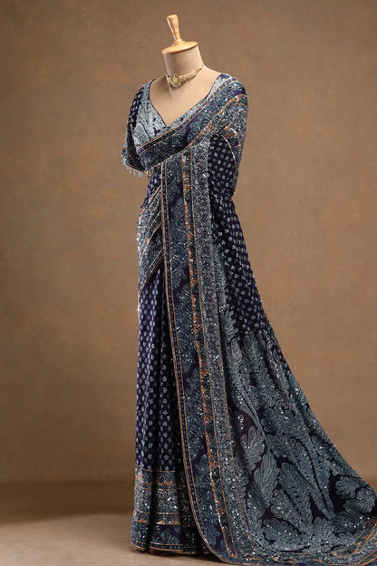 Navy Blue Sequins Embroidered Crepe Designer Saree with Stitched Blouse
