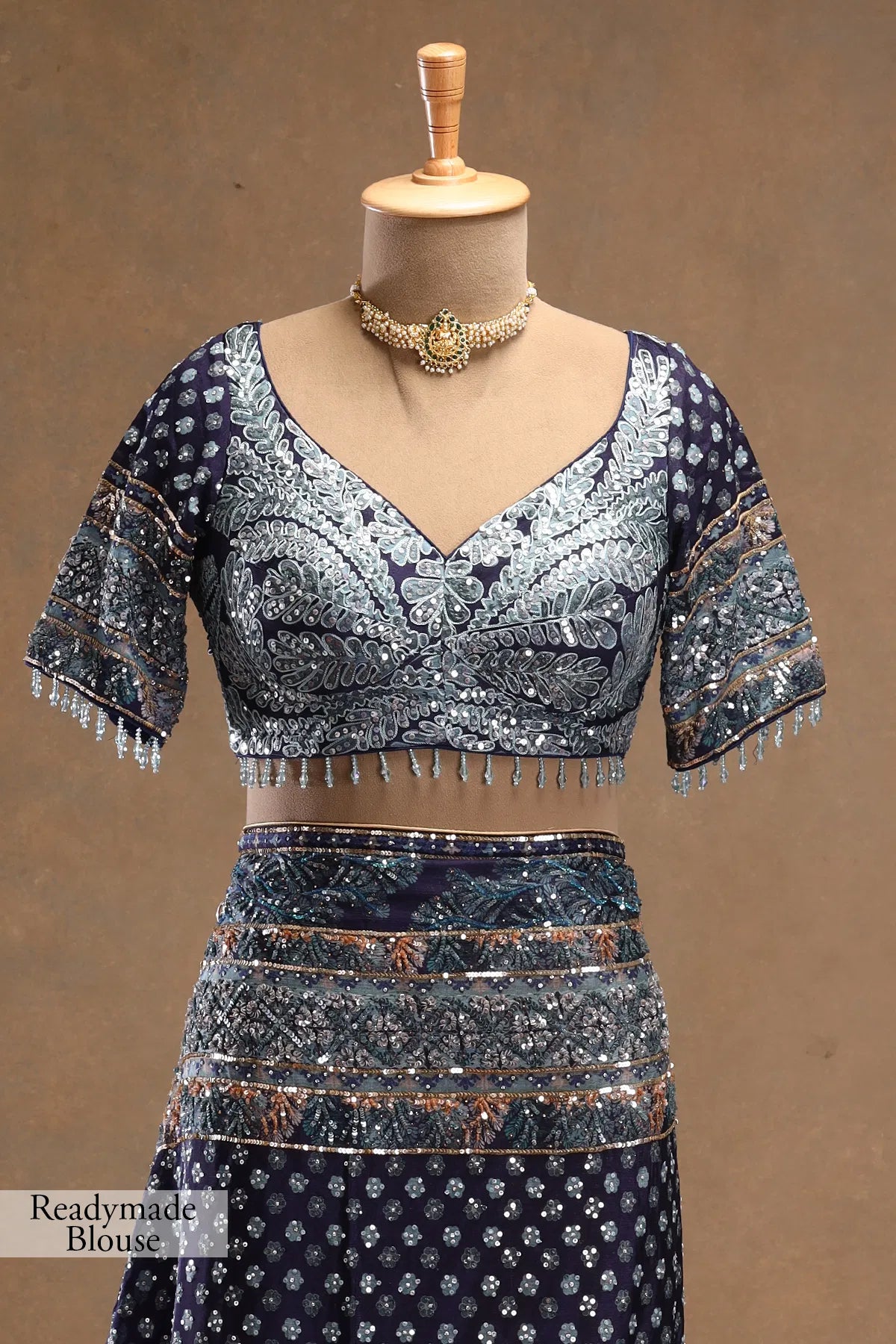Navy Blue Sequins Embroidered Crepe Designer Saree with Stitched Blouse