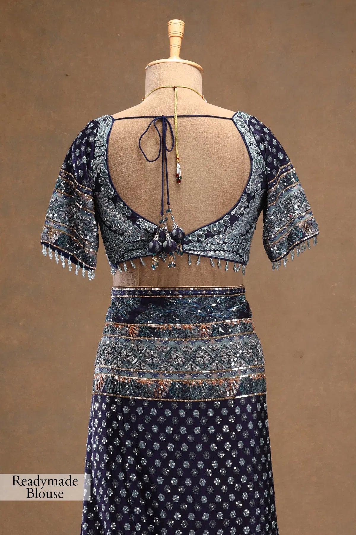 Navy Blue Sequins Embroidered Crepe Designer Saree with Stitched Blouse