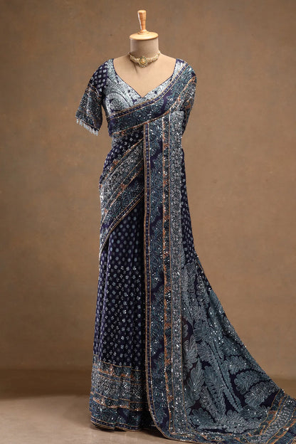 Navy Blue Sequins Embroidered Crepe Designer Saree with Stitched Blouse