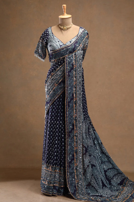 Navy Blue Sequins Embroidered Crepe Designer Saree with Stitched Blouse