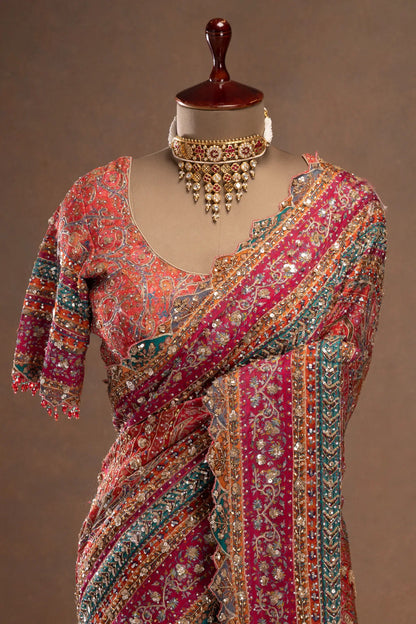 Pink Printed Crepe Designer Saree with Embroidered Readymade Blouse | Party Wear Saree