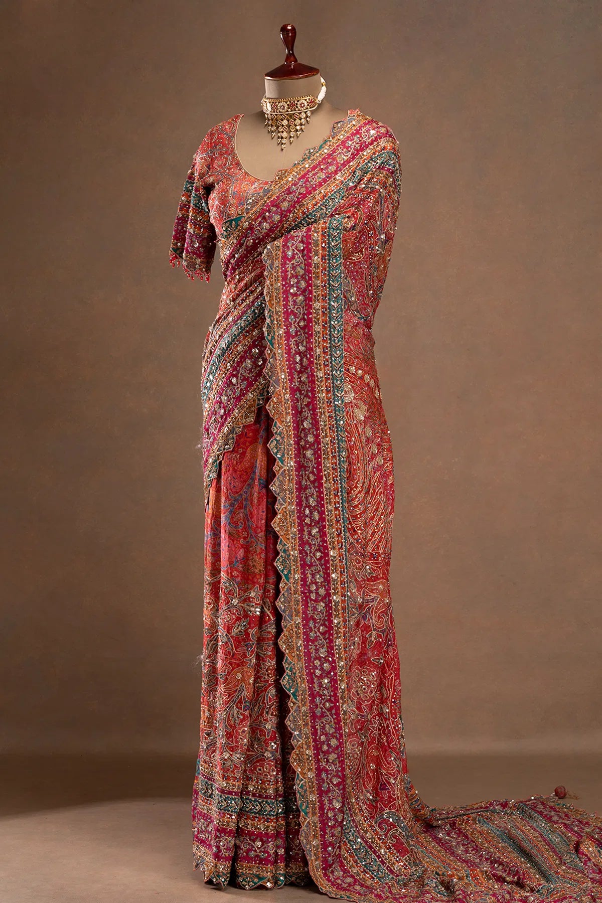 Pink Printed Crepe Designer Saree with Embroidered Readymade Blouse | Party Wear Saree