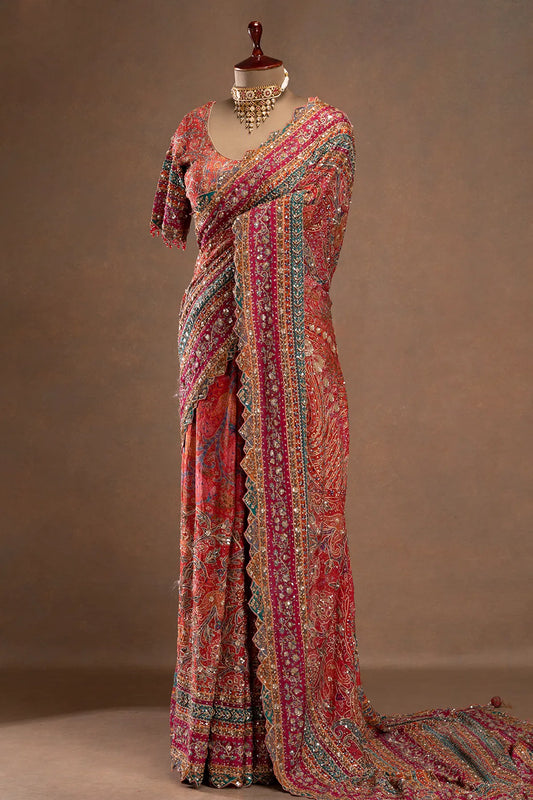 Pink Printed Crepe Designer Saree with Embroidered Readymade Blouse | Party Wear Saree