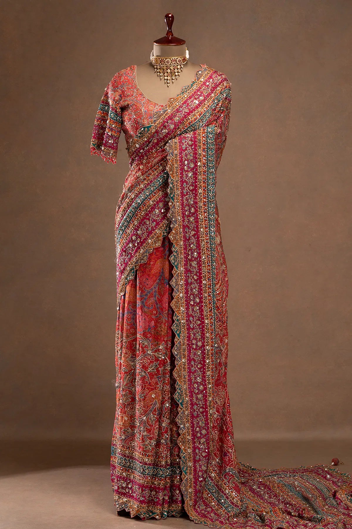Pink Printed Crepe Designer Saree with Embroidered Readymade Blouse | Party Wear Saree