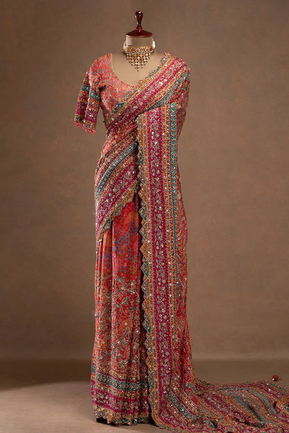 Pink Printed Crepe Designer Saree with Embroidered Readymade Blouse | Party Wear Saree