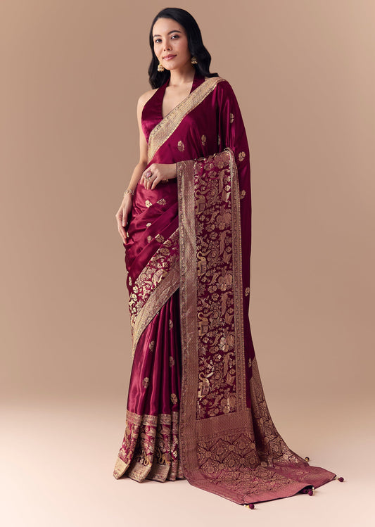 Pautri Maroon Silk Saree with Rich Gold Zari Weaving | Elegant Banarasi Style Saree for Weddings & Festive Wear