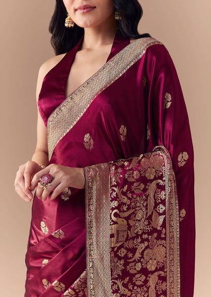 Pautri Maroon Silk Saree with Rich Gold Zari Weaving | Elegant Banarasi Style Saree for Weddings & Festive Wear