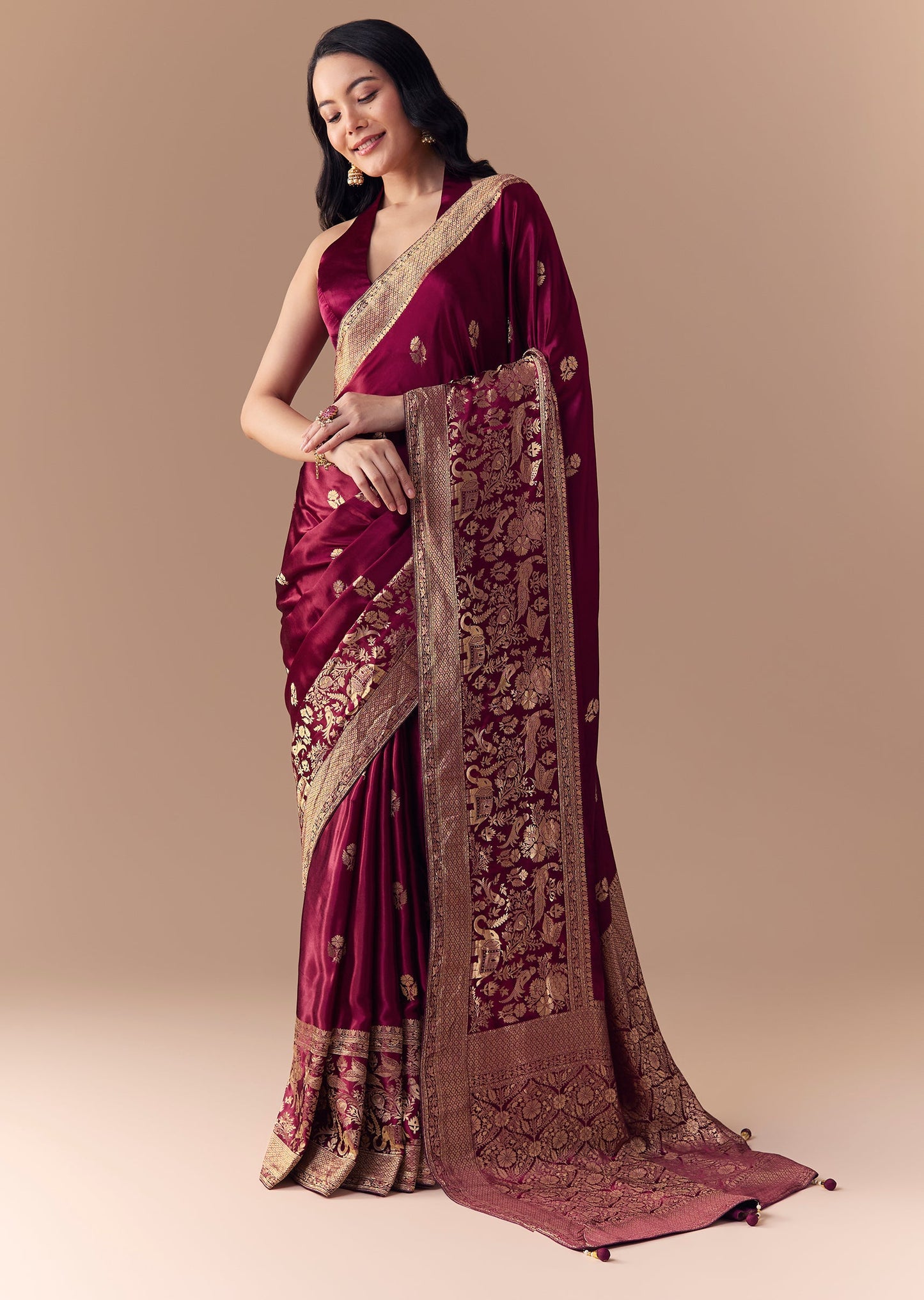 Pautri Maroon Silk Saree with Rich Gold Zari Weaving | Elegant Banarasi Style Saree for Weddings & Festive Wear