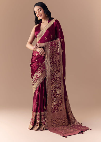Pautri Maroon Silk Saree with Rich Gold Zari Weaving | Elegant Banarasi Style Saree for Weddings & Festive Wear