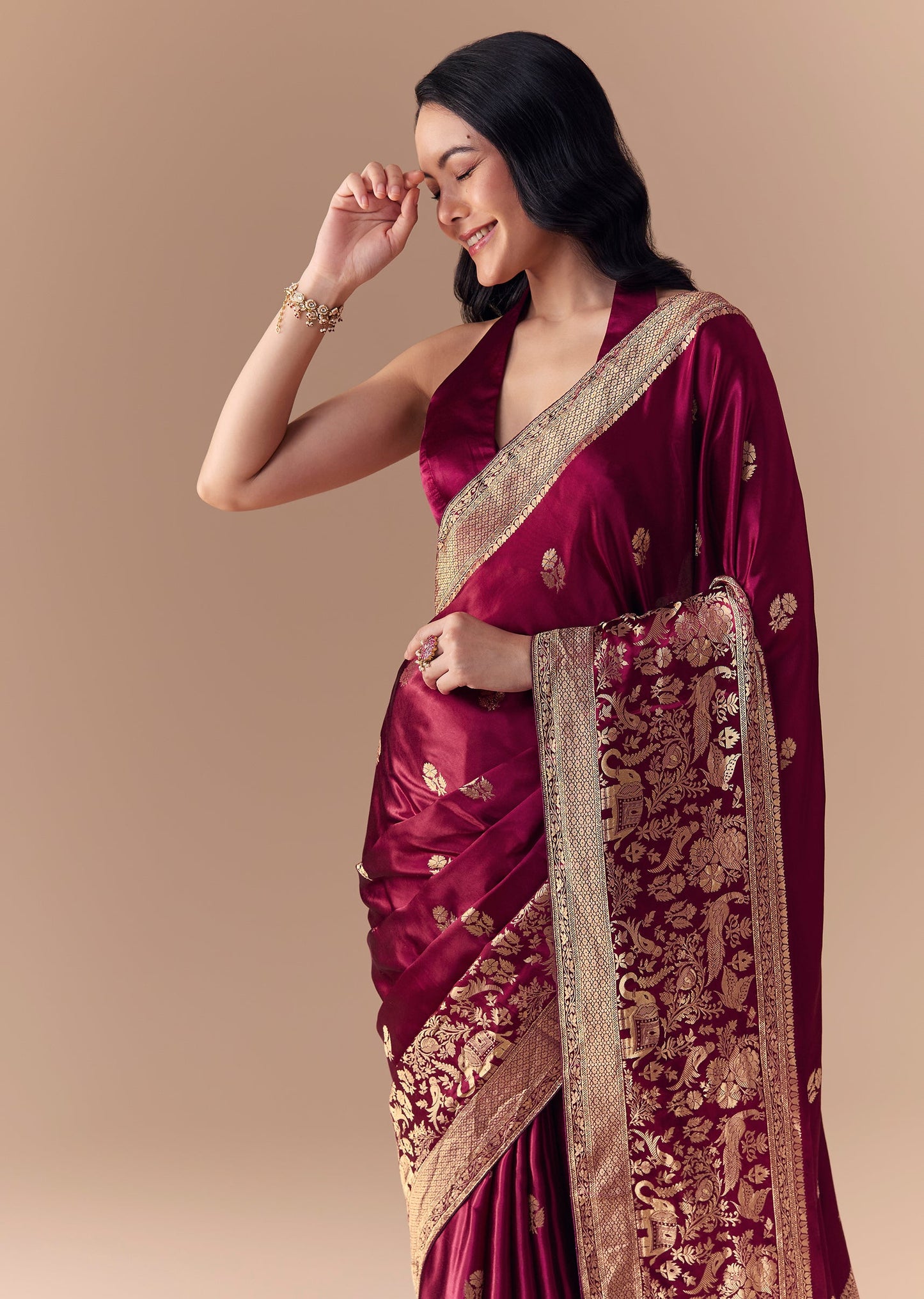 Pautri Maroon Silk Saree with Rich Gold Zari Weaving | Elegant Banarasi Style Saree for Weddings & Festive Wear